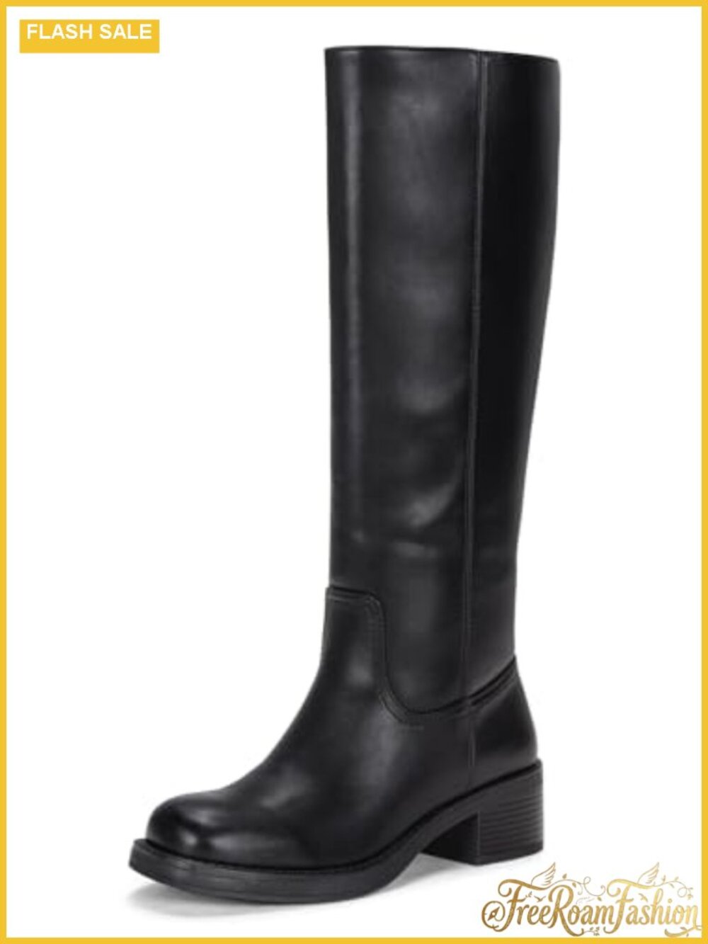 Square Toe Knee High Chunky Block Heel Tall Boots Side Zipper Faux Leather